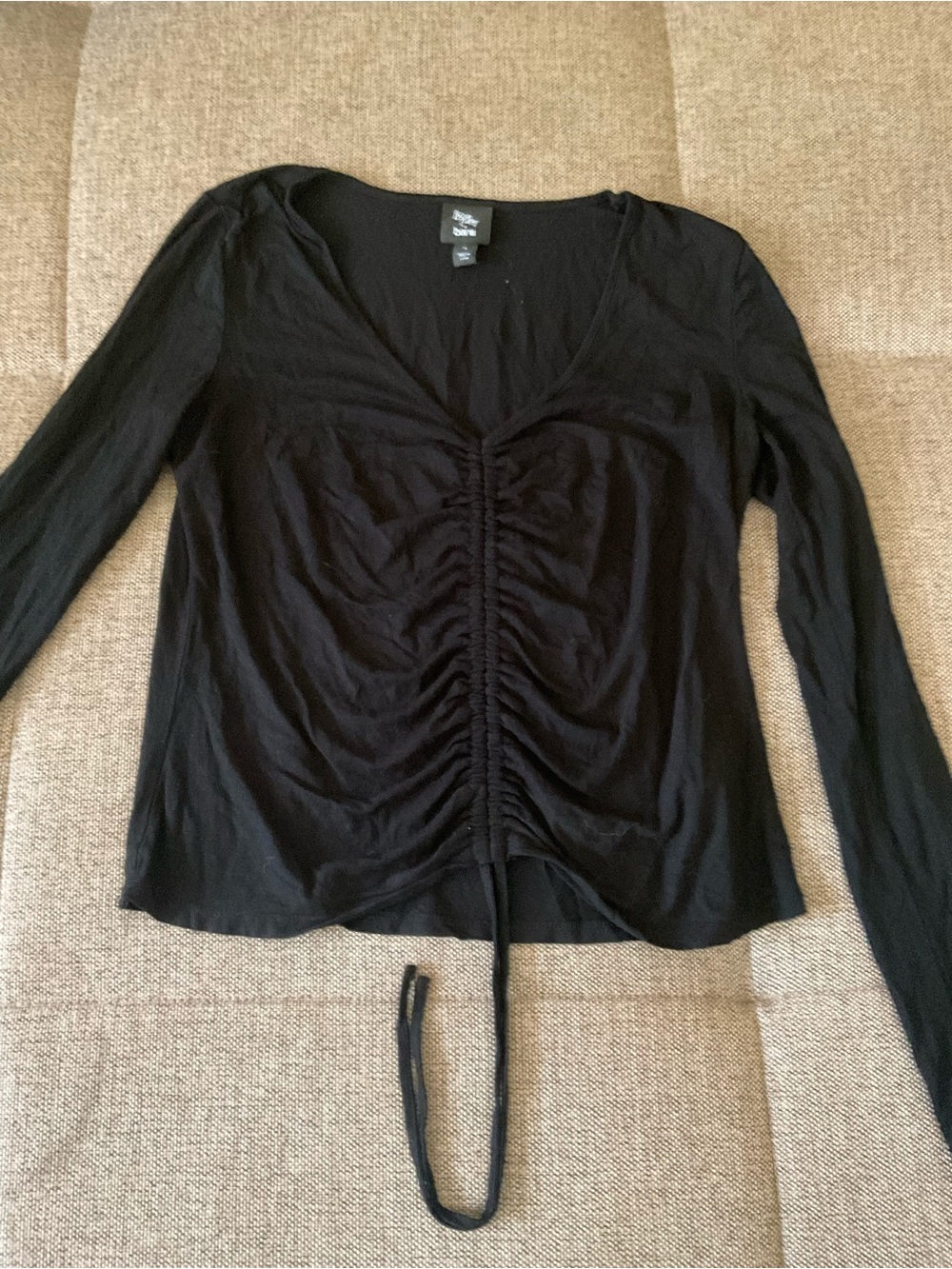 Black Ruched V-Neck Long Sleeve Top